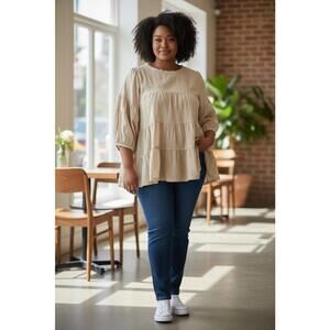 Bluivy Beige Tiered Peplum Blouse with 3/4 Sleeves